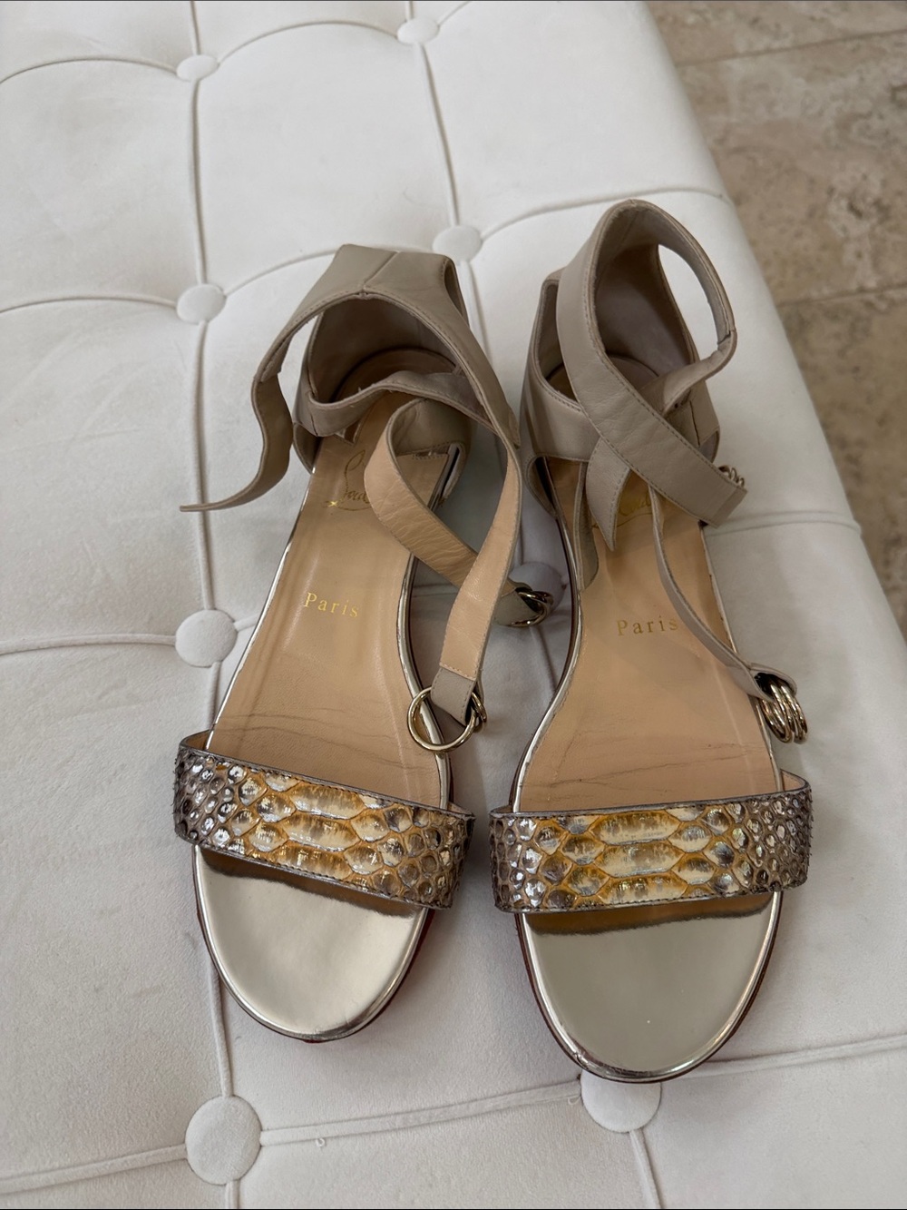 Christian Louboutin Beige and Gold Snakeskin-Trim Ankle Wrap Sandals